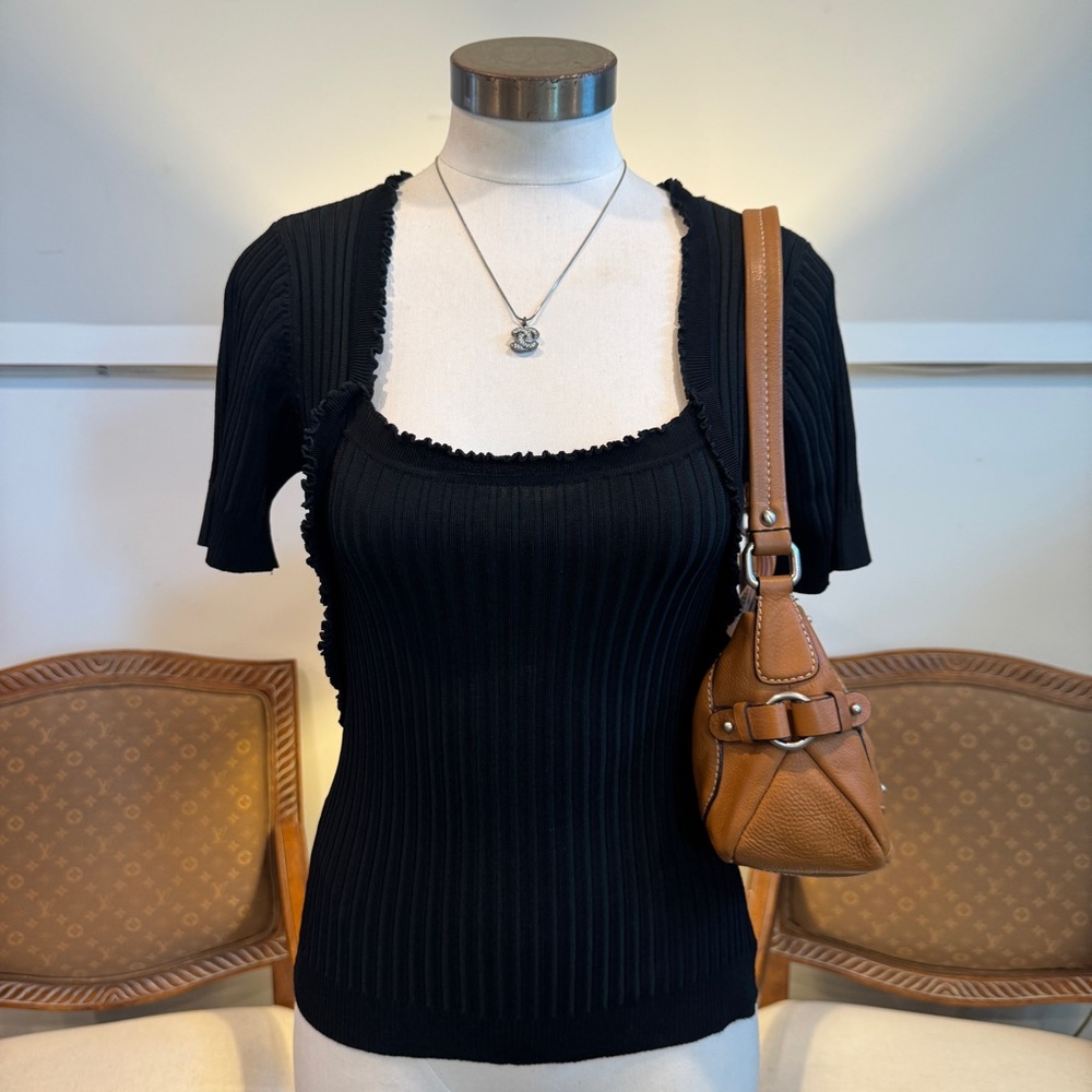 LOULOU Black Ribbed Knit Top w Ruffles Square Neck Women’s M - European Designer